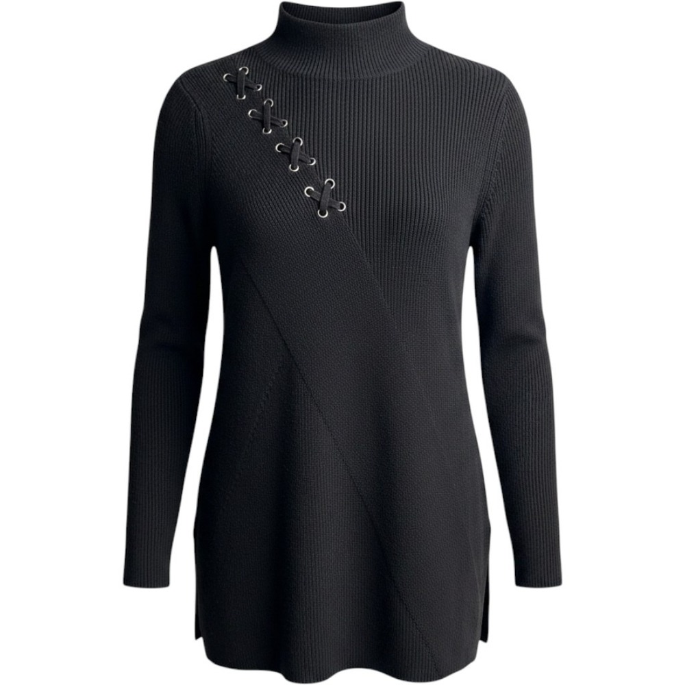 Chicos Black Ribbed Lace Up Grommet Mock Neck Cotton Cashmere Sweater M Mod Chic